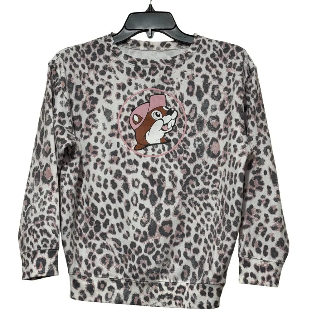 Buc-ee's Girls Youth Large Leopard Print Sweatshirt Pink Beaver Mascot Pullover